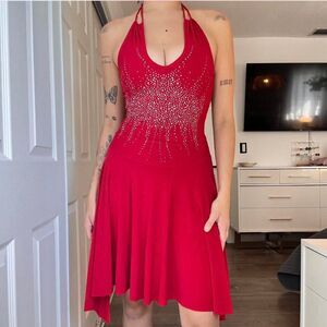 Vintage Solar Red Rhinestone Halter Dress – Size Small